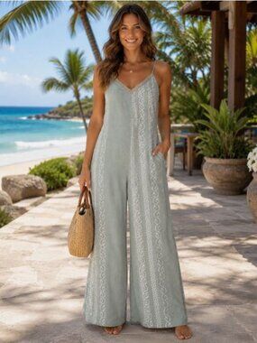 NWT Women's Sage Green Sleeveless Wide-leg Boho Lagenlook Jumpsuit Sz Large/XL